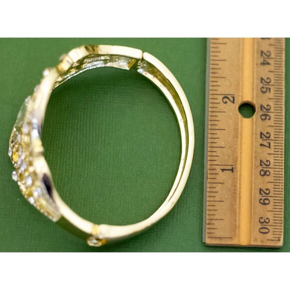7 inch, Vintage Clear Faux Gem Floral Abstract Gold Tone Hinge Bangle - K44 - Picture 3 of 3